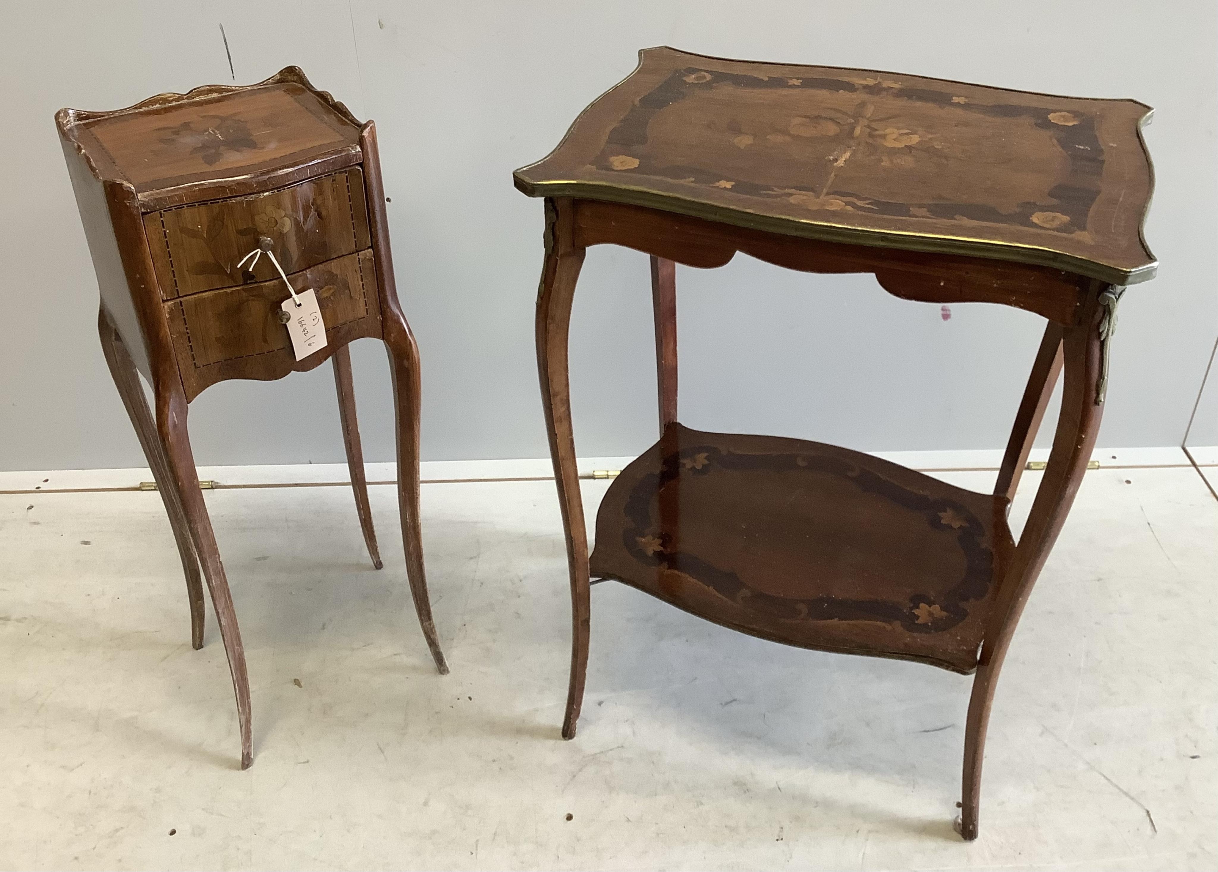 A 19th century French marquetry inlaid and gilt metal mounted kingwood two tier occasional table, width 52cm, depth 37cm, height 72cm together with a small French inlaid kingwood bedside chest. Condition - poor to fair